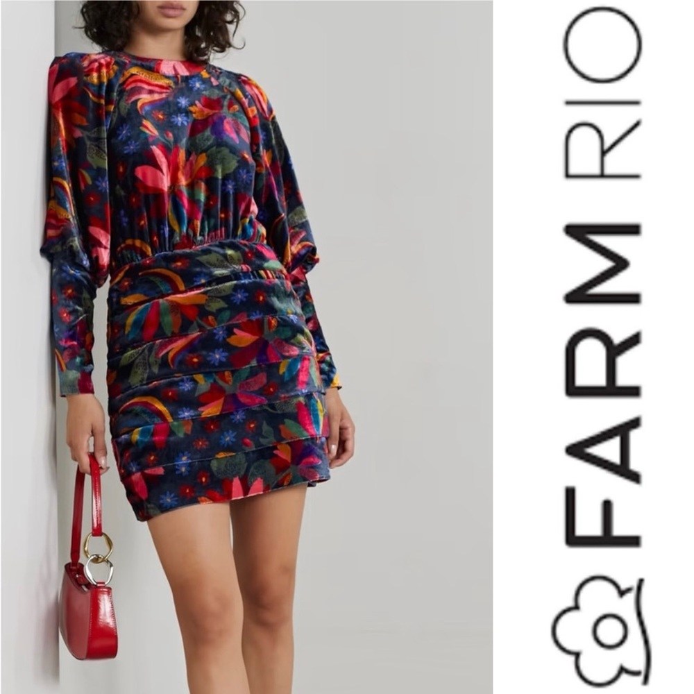 🌸Farm Rio🌸 Black Banana Sky Velvet Dress